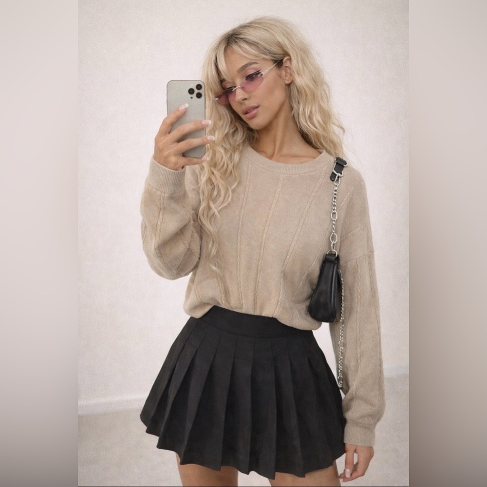 VTG International Waters Tan Cable Knit Sweater - Old Money / Grandpacore - M